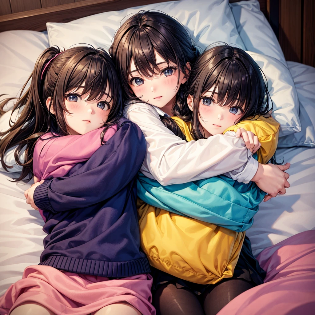 Two girls are hugging, They are at a sleepover, there are pillows and some blankets 