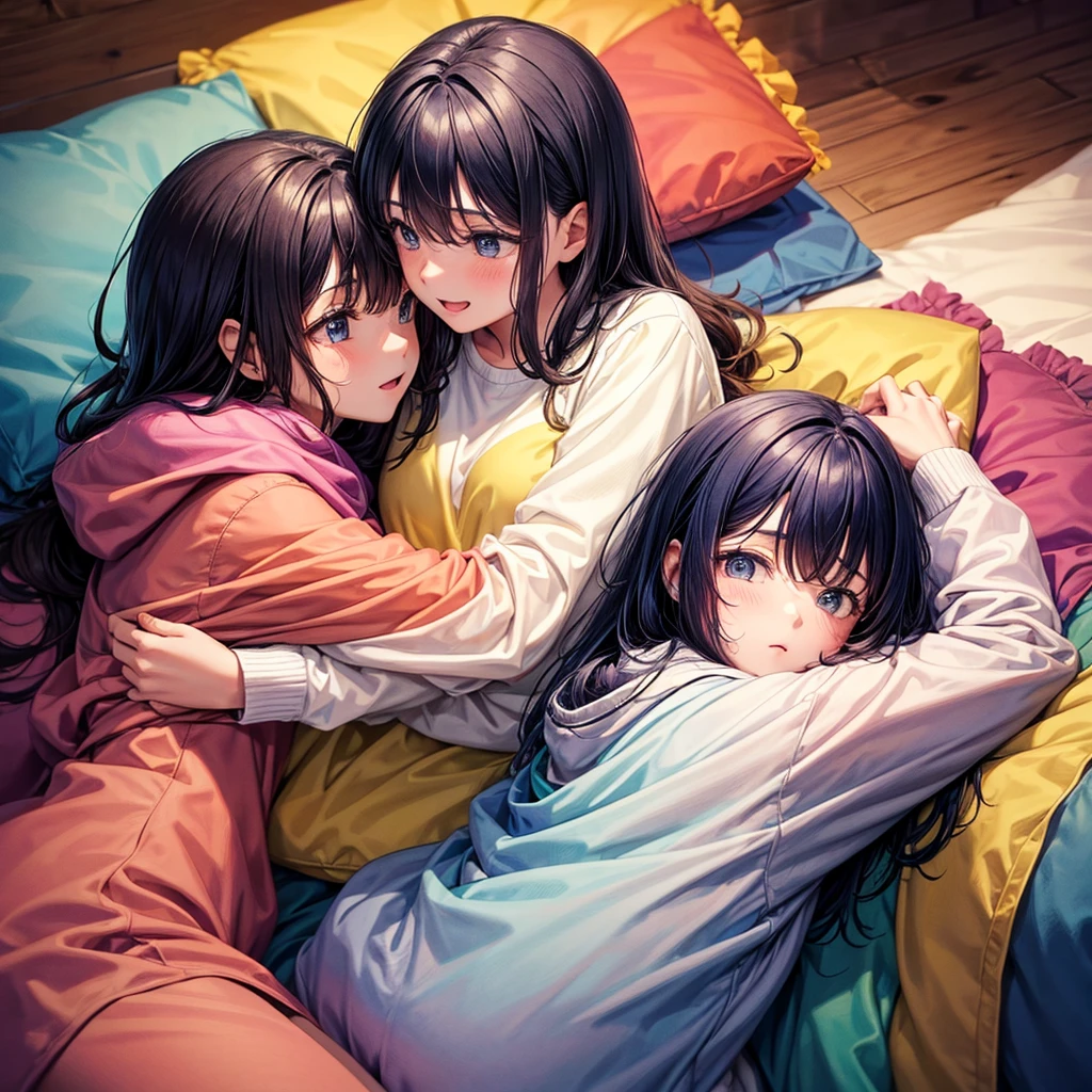 Two girls are hugging, They are at a sleepover, there are pillows and some blankets 