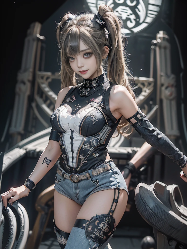 (Full Body View:1.3)、(Side view:1.1)、(Smiling with teeth showing:1.3),(Shibuya Gal:1.5)、(Gothic Lolita style fashion:1.5)、(Punk RockVisual Kei:1.5)、(Wearing a rhythmic gymnastics bodysuit with intricate details:1.4)、(Racing suit and pants with intricate decorations in white, denim and charcoal:1.5)、(Denim and light blue and white boots:1.3)、((belt))、(Numerous delicate logo marks all over the costume:1.4)、(collar:1.3)、(Striped underwear:1.5)、20-year-old、NSFW、((Highest quality、In 8K、masterpiece:1.3))、Sharp focus:1.2、(Layered Cut、Huge boobs:1.1),Beautiful woman with perfect figure:1.4、(Doing an aerobics pose:1.3)、Slender Abs:1.2、Highly detailed face and skin texture、Detailed eyes、double eyelid,(Twin tails:1.3)、(Brown-golden hair:1.3)、Gravure idol、(The background is the stage of the fashion show:1.3)、(Slim body:1.3),(Make your legs thinner:1.4),（clavicle:1.1）、(Thin and slim thighs:1.3)