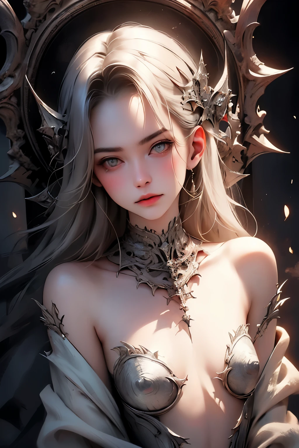 ((best quality)), ((masterpiece)), (detailed), 1girl, off-shoulder, Character design, female, dynamic poses, long white grey hair, grey white eyes, very skinny, detailed, best quality, no accesoires around the neck, no shoes, prominent collarbones, skinny arms, flat stomach, visible hip bones, full body, detailed gothic, NSFW, Very dramatic and cinematic lighting, cosmic horror, grim-dark, side-lighting, perfect face, NSFW, Realistic Shadows, Detailed skin, Very small breasts, Hair Ribbon, Very detailed, highly detailed face, Perfect face shape, Perfect lips, Perfect nose, Correct beautiful eyes, Watching Viewer, Best Quality, Single Girl, No bra, No panties, Solo 