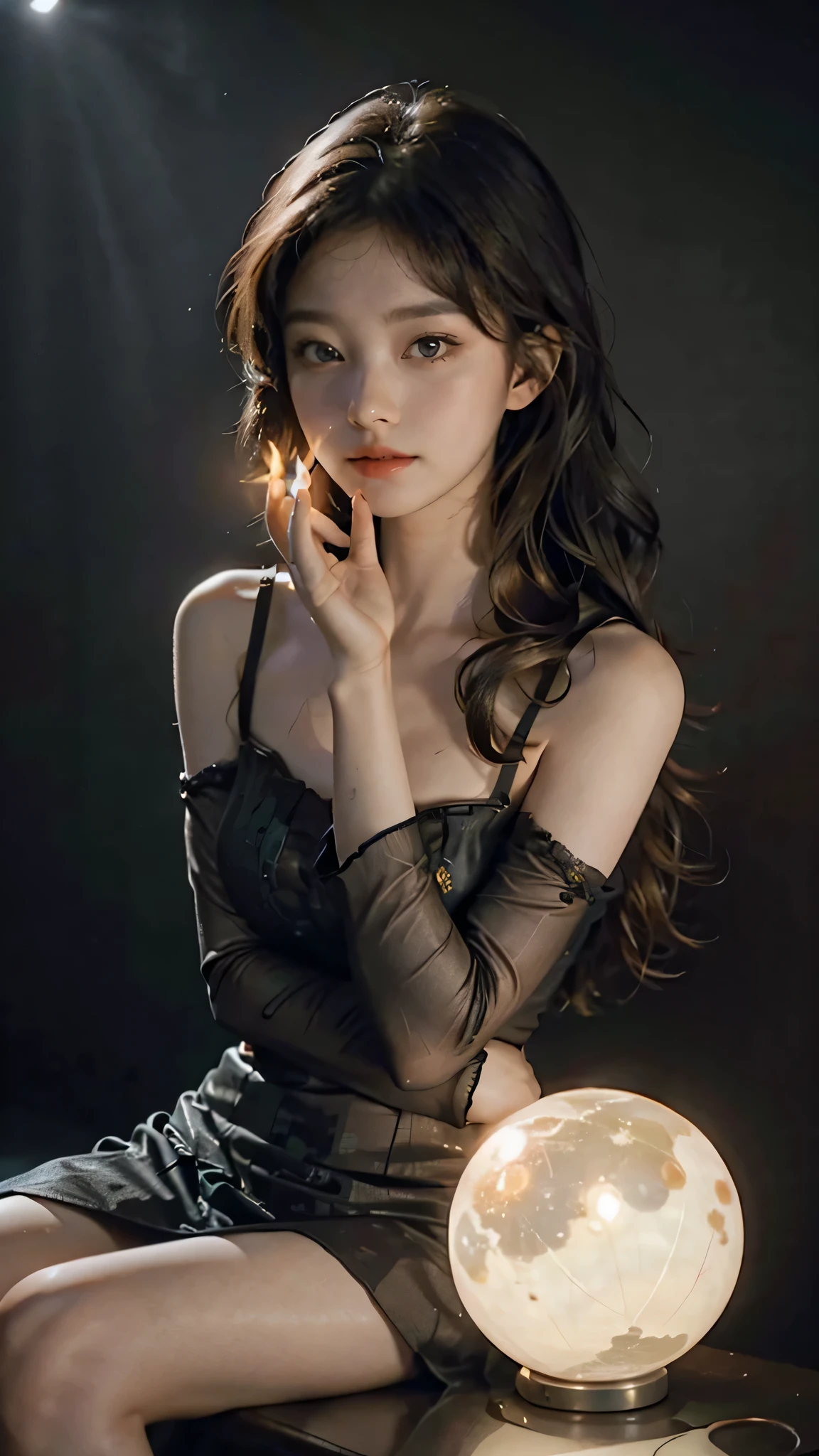 ((1girl)), short dark hair, wavy hair,glowing skin, mouth closed and expressionless, sitting, with her hands holding a glowing orb while two other glowing spheres orbit around her,