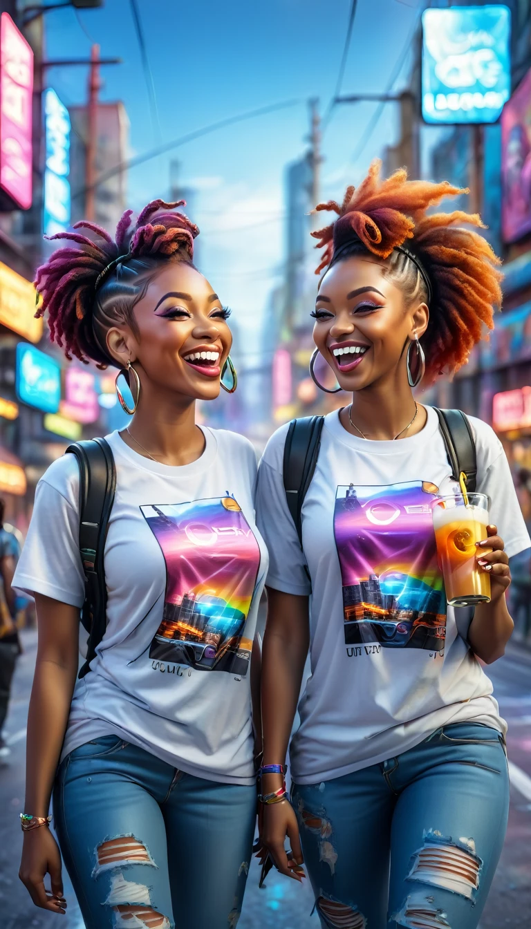 adult BLACK women dressed in urban clothing t-shirts, In an urban landscape and holographic signs, HAPPY on the road. are drinking and laughing, The background is modern and cyberpunk, high tech vibe. Lovely Digital Painting, 3D rendering, Bright lighting, swirly vibrant colors. adult people, BEAUTIFUL black people, different faces.