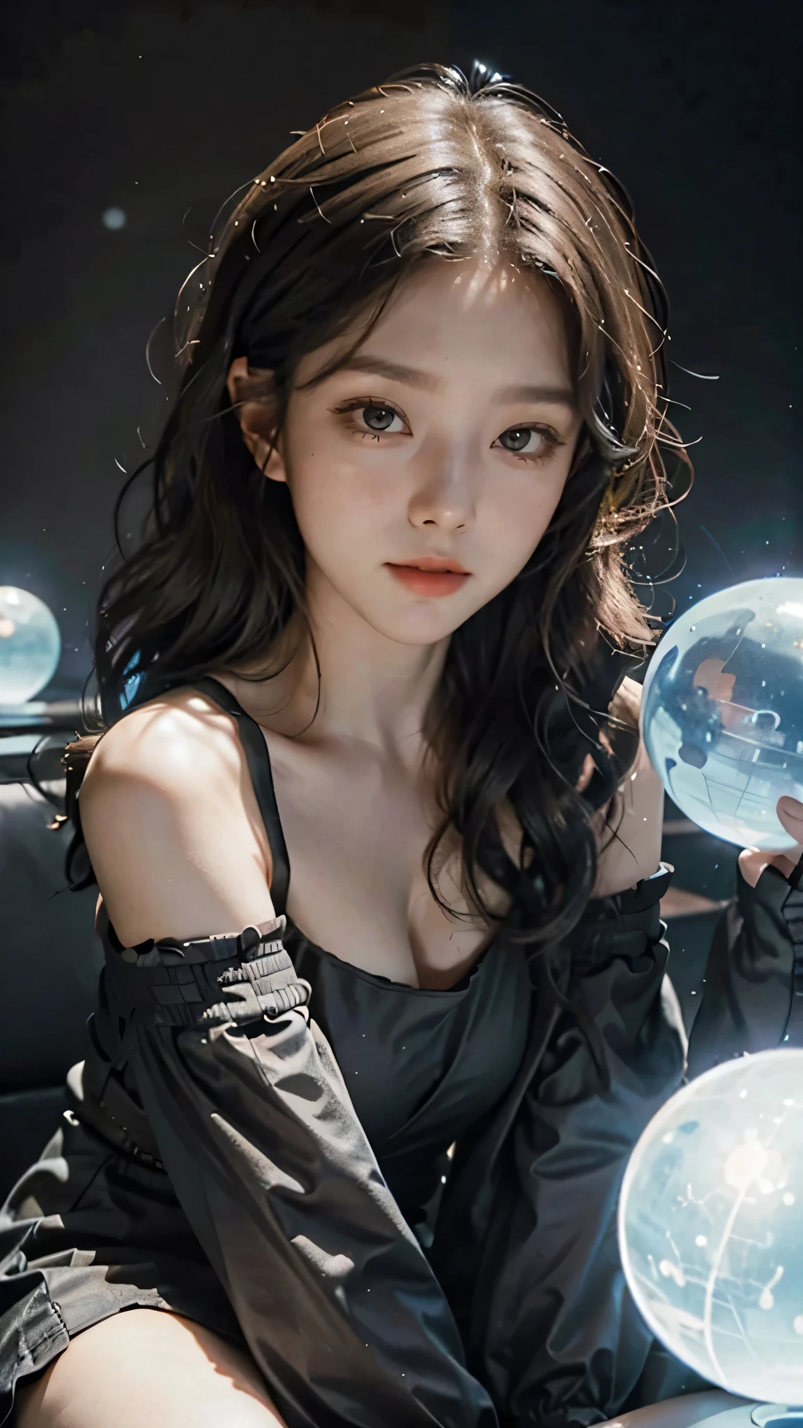 ((1girl)),  short dark hair, wavy hair,glowing skin,  mouth closed and expressionless, sitting, with her hands holding a glowing orb while two other glowing spheres orbit around her,