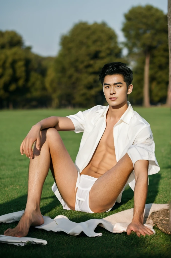 Asian muscular boy sitting on grass, sexy, Dark eyebrows, white shirt, wearing white thong high cut underwaer, white high cut Jockstrap, muscular young male, mid shot portrait, high quality portrait, Attractive pose, cute young man, gorgeous young model, portrait a 25 - year - old boy, casual photography, Realistic. Cheng Yi, cute young man, ((wearing micro string thong))