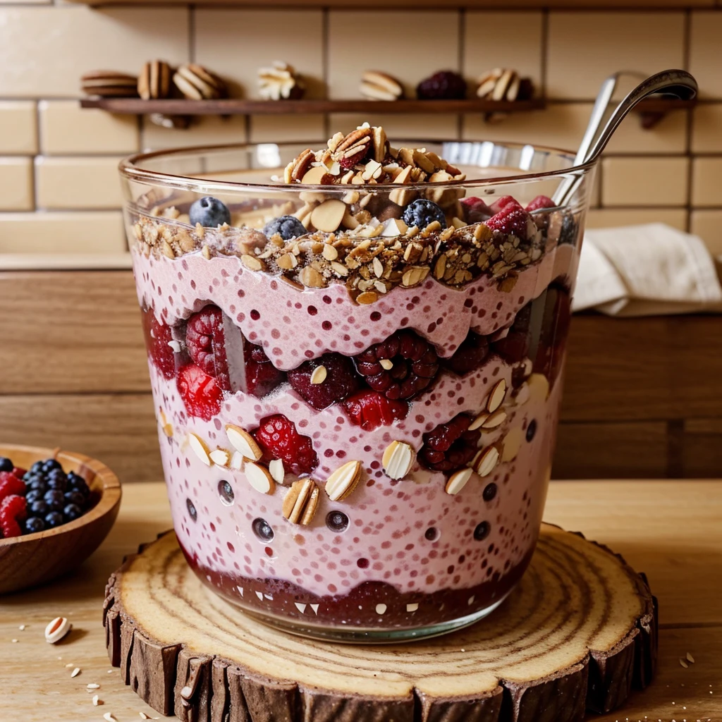 A plate of Berry Chia Pudding with a Nutty Crunch and  almond milk,   chia seeds, mixed berries, Greek yogurt, chopped walnuts and honey for the intermittent fasting diet . Enlarged side view with the background blurred. The dish is on a wooden kitchen table. Real picture.