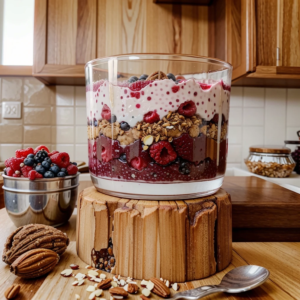 A plate of Berry Chia Pudding with a Nutty Crunch and almond milk, chia seeds, mixed berries, Greek yogurt, chopped walnuts and honey for the intermittent fasting diet . Enlarged side view with the background blurred. The dish is on a wooden kitchen table. Real picture.