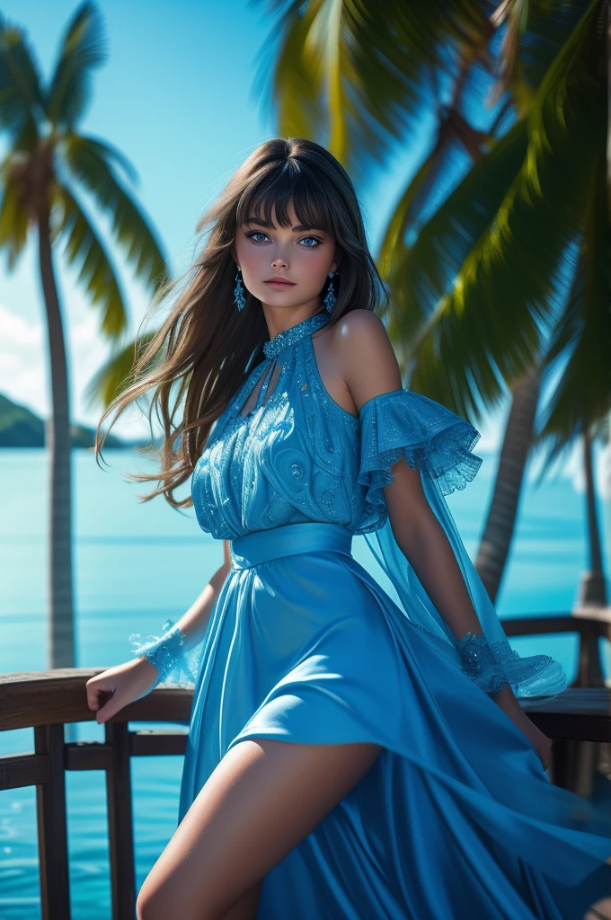Paulina Porizkova, ultra-detailed face, ultra detailed blue eyes, (bangs), (dress, long silk skirt), legs, tropical water, (((masterpiece)))