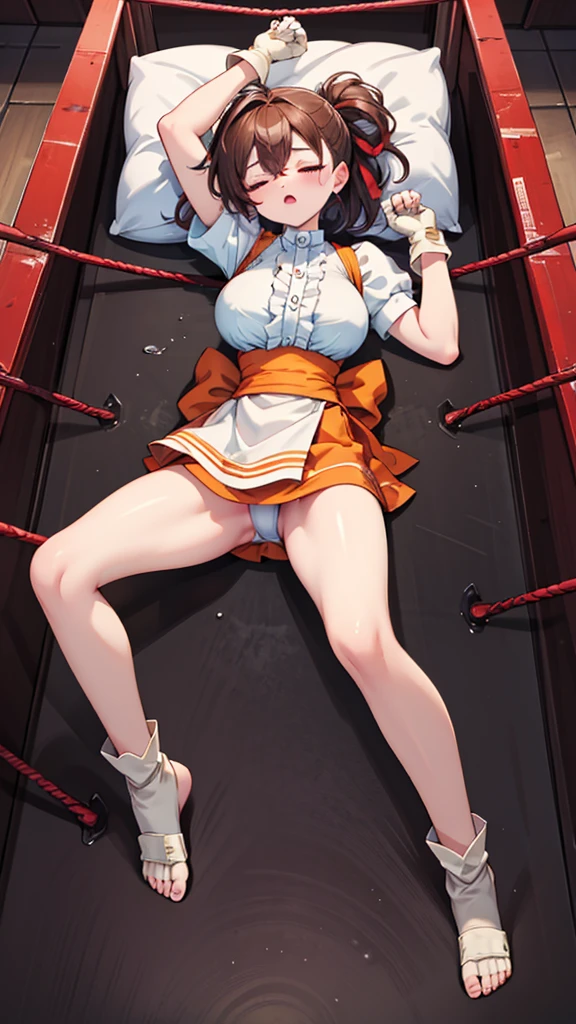 Highest quality,masterpiece,Lying down,sleep,(レスリングのリングにLying down, WWE Divas,Wrestling Arena,Wrestling ring background, Boxing ring background), 仰向けにsleep, Lack of stamina, Ryona, Hitting a girl, death is near,タケユカ 超ロングヘア ヘアribbon, Frilled shirt, Underbust, ribbon, Fingerless gloves, White gloves, Waist apron, Orange Skirt, socks, Toeless legwear,winner, Nice, winner, (Moaning , Open your mouth), ((, 仰向けにsleep, 地面にsleep, lose consciousness, Unconscious, )), , ( Tilt your head),