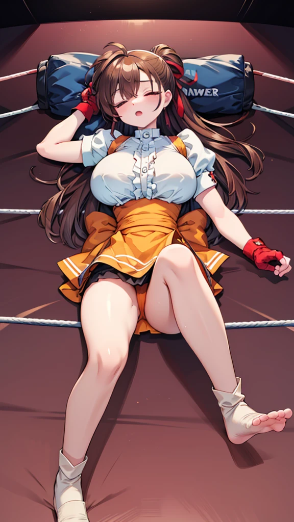 Highest quality,masterpiece,Lying down,sleep,(レスリングのリングにLying down, WWE Divas,Wrestling Arena,Wrestling ring background, Boxing ring background), 仰向けにsleep, Lack of stamina, Ryona, Hitting a girl, death is near,タケユカ 超ロングヘア ヘアribbon, Frilled shirt, Underbust, ribbon, Fingerless gloves, White gloves, Waist apron, Orange Skirt, socks, Toeless legwear,winner, Nice, winner, (Moaning , Open your mouth), ((, 仰向けにsleep, 地面にsleep, lose consciousness, Unconscious, )), , ( Tilt your head),