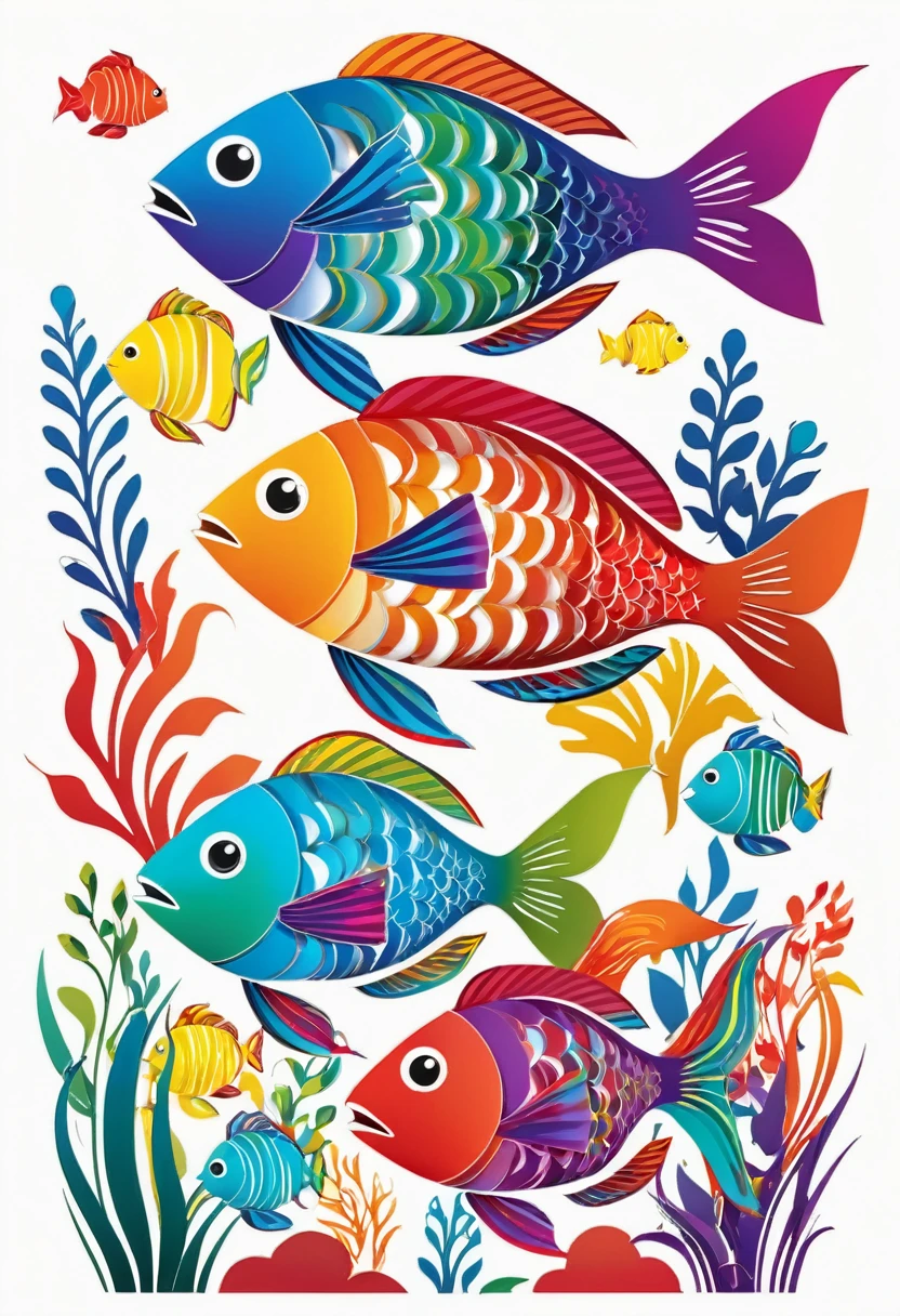 happy multicolored fish, Paper Cutouts and Collages style, outline, vector, white background