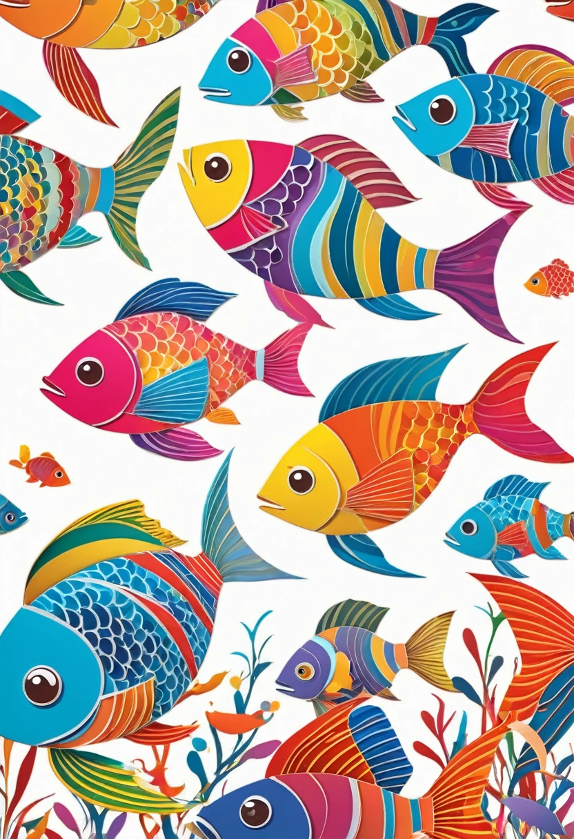 happy multicolored fish, Paper Cutouts and Collages style, outline, vector, white background