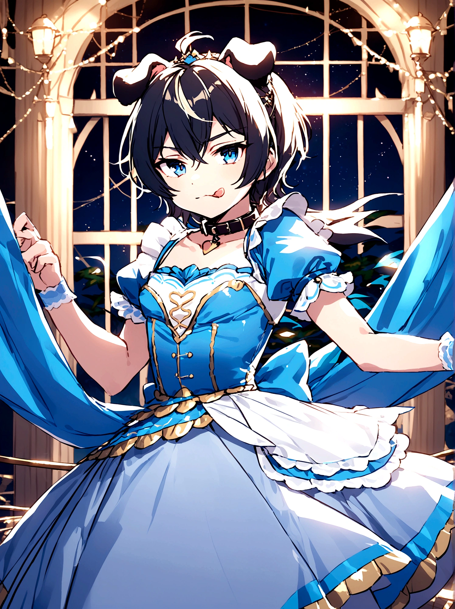 young male teenager, white hair, blue eyes, crossdress, wearing a dog collar, dog ears, sticking tongue out, embarassed, prince dress