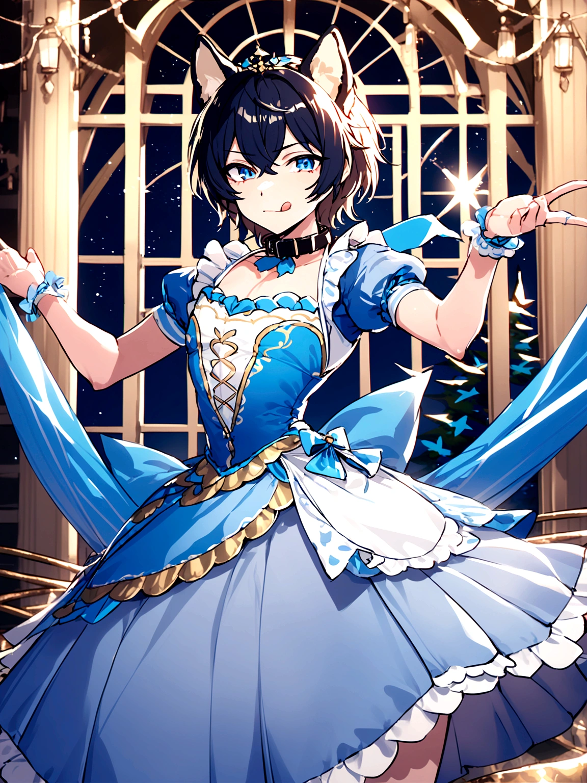 young male teenager, white hair, blue eyes, crossdress, wearing a dog collar, dog ears, sticking tongue out, embarassed, prince dress