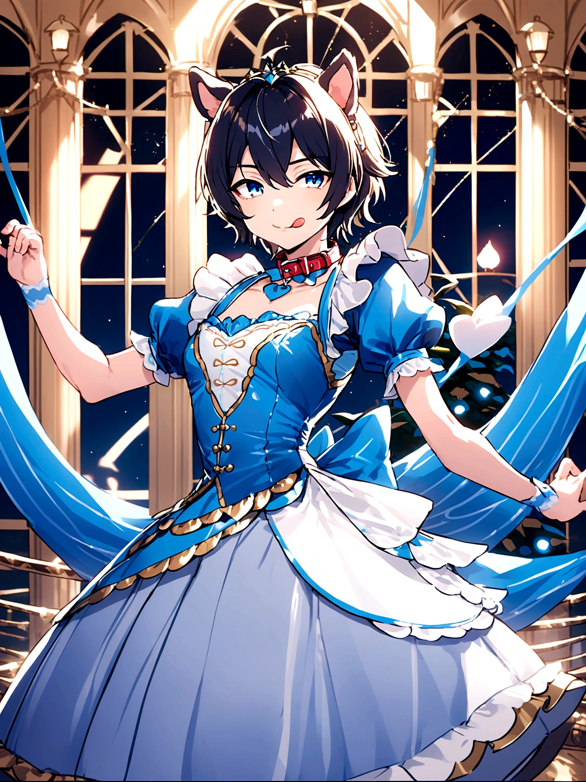 young male ager, white hair, blue eyes, crossdress, wearing a dog collar, dog ears, sticking tongue out, embarassed, prince dress
