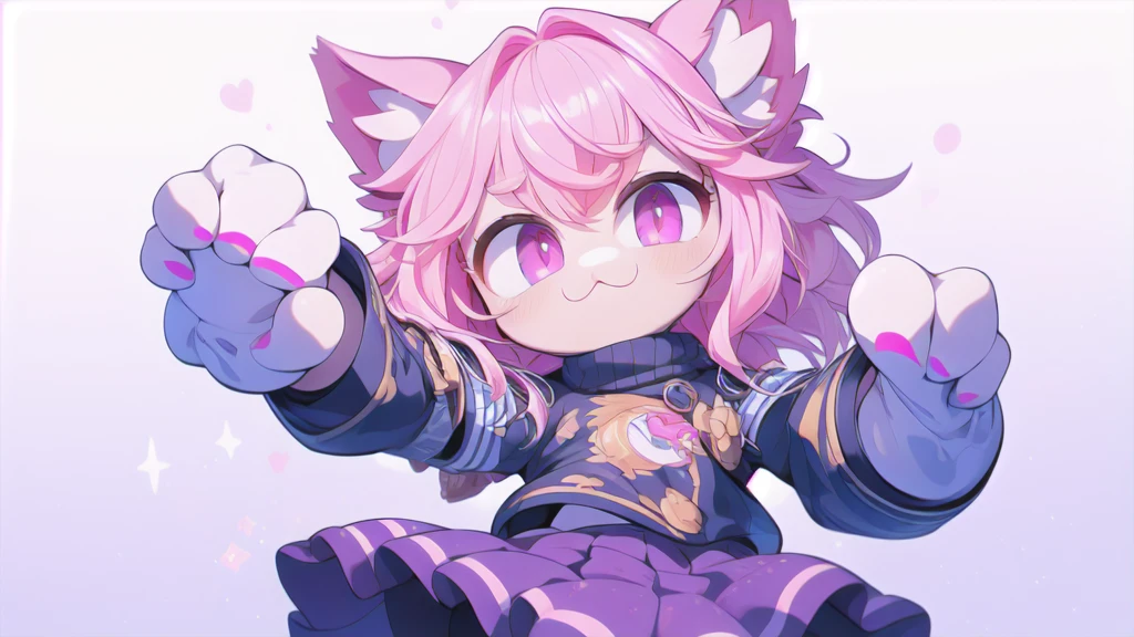 score_9, score_8_up, score_7_up, score_6_up, score_5_up, score_4_up, (((blank_background, white_background))), 1girl, solo, necoarc, lit pupils, cat ears, (pink hair, pink_eyes), chibi, :3, turtleneck, fight_pose, astolfo_costume, purple skirt, pantyhose,NECOARC PINK HAIR,NECOARC BLONDE HAIR