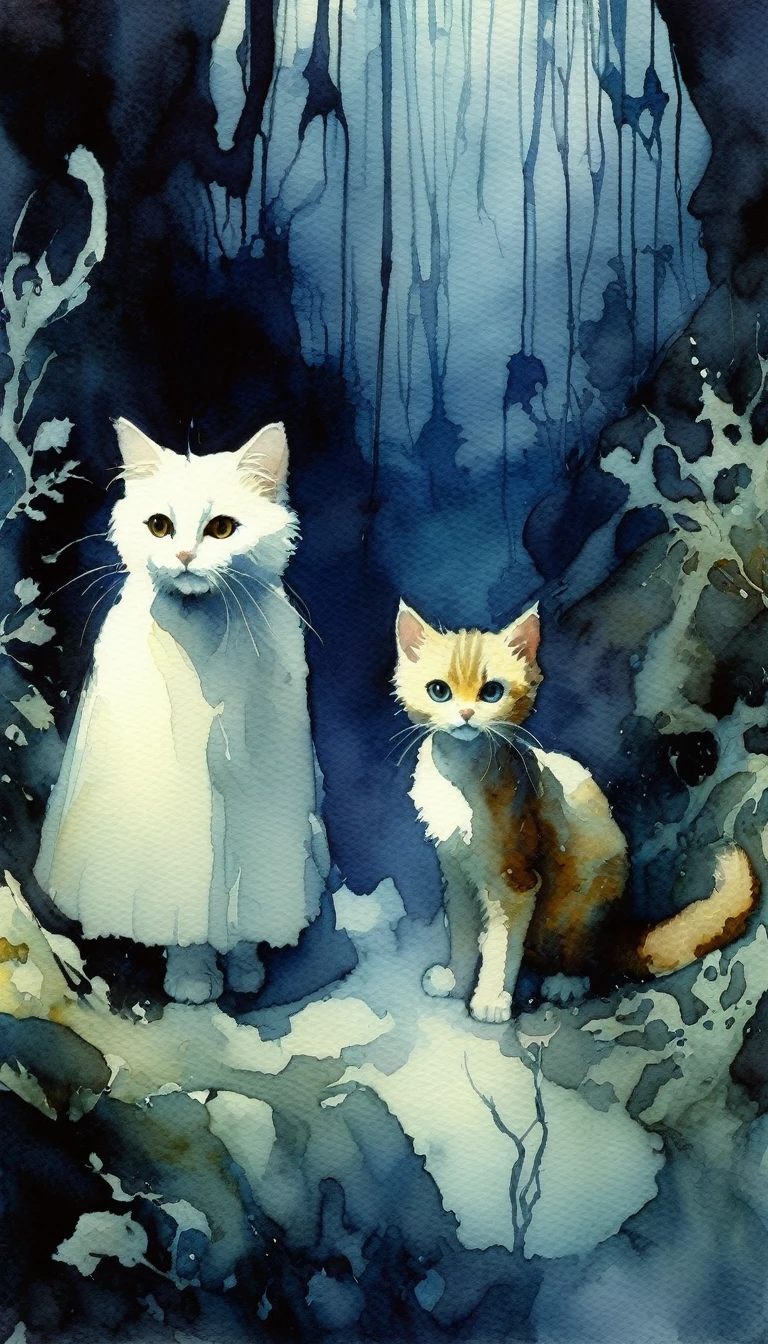 Two women, cool, cute, beautiful, a fun day, an underground expedition, dark and creepy creatures, artistic and memorable masterpieces, story moments, close-ups, fog Watercolor: 1.3, Delicate, Detail, Masterpiece, (cute cats :1.3),(intricate:1.2), high contrast, (art inspired by Bill Sienkiewicz). oil painting)
