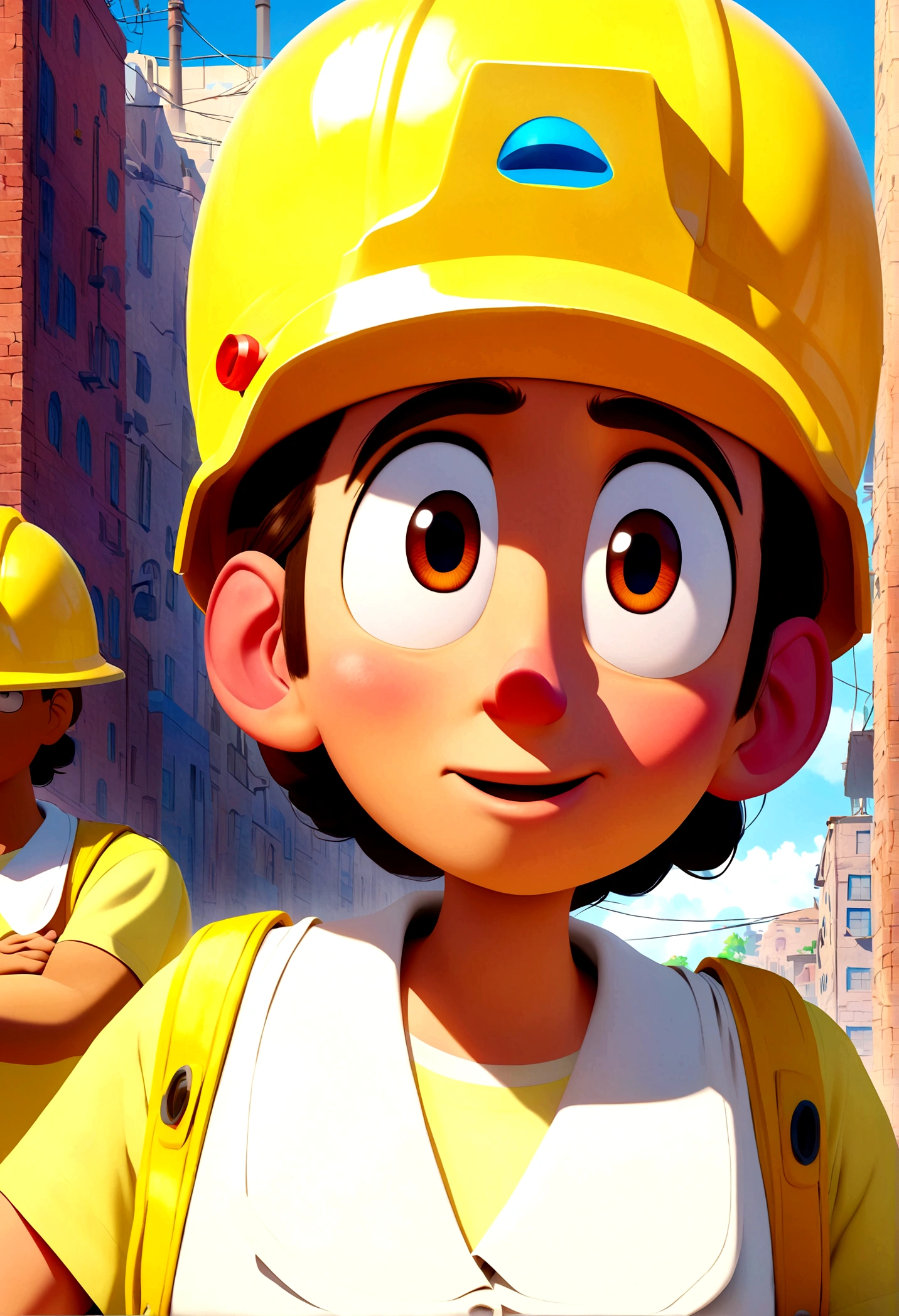Pixar style animated character with yellow work hard hat and white dress shirt
