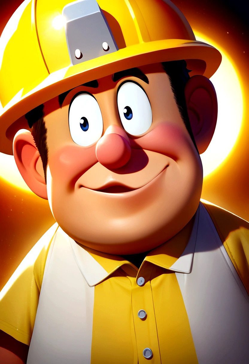 Pixar style animated character with yellow work hard hat and white dress shirt