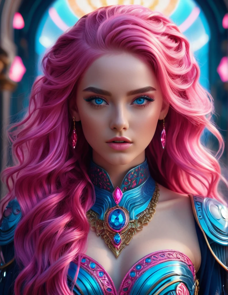 very attractive 25 year old girl with long wavy bright pink hair, high quality, 8k, hyper realistic, highly detailed, intricate, photorealistic, cinematic lighting, dramatic, 1 beautiful woman, blue eyes, long bright pink hair, colorful ornate clothing, futuristic jewelry, dynamic pose, stunning, powerful, epic, cinematic, illustration, concept art