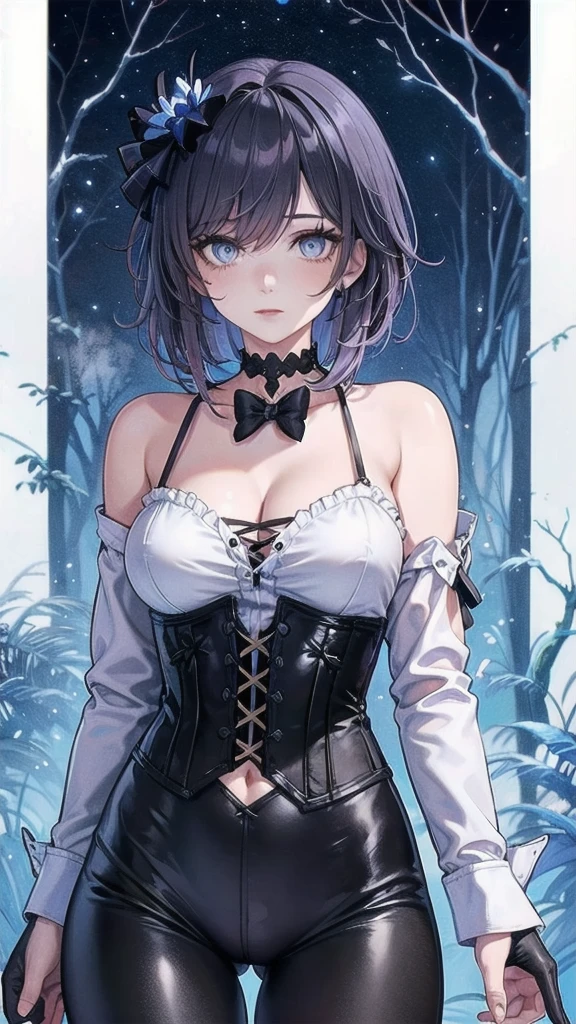 Masterpiece, Beautiful art, professional artist, 8k, Very detailed face, Detailed clothing, detailed fabric, 1 girl, Soul Fullness \(Honkai Impact 3rd\), front view, standing, big breasts, perfectly drawn body, shy expression, pale skin, beautiful face, short dark blue hair, 4k eyes, very detailed eyes, pink cheeks, choker:1.6, (white long sleeve button down shirt with white collar), black gloves, gloves that cover hands, (black leather corset), (shiny black leggings), Sensual Lips , winter night, show details in the eyes, looking at the viewer, dark forest, Atmosphere, fog, At night