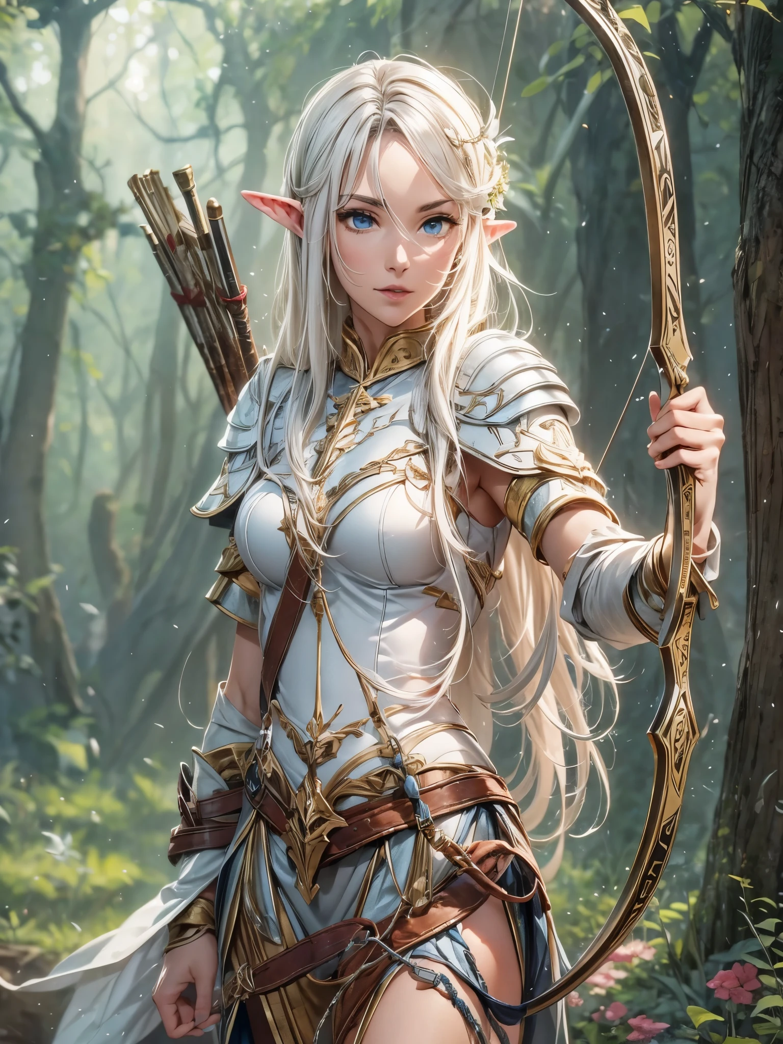 Female elves, White skirt, armor, longbow, Archery training