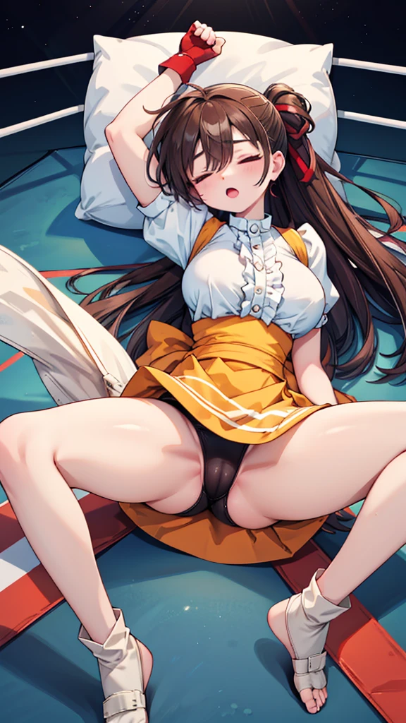 Highest quality,masterpiece,Lying down,sleep,(レスリングのリングにLying down, WWE Divas,Wrestling Arena,Wrestling ring background, Boxing ring background), 仰向けにsleep, Lack of stamina, Ryona, Hitting a girl, death is near,タケユカ 超ロングヘア ヘアribbon, Frilled shirt, Underbust, ribbon, Fingerless gloves, White gloves, Waist apron, Orange Skirt, socks, Toeless legwear,winner, Nice, winner, (Moaning , Open your mouth), ((, 仰向けにsleep, 地面にsleep, lose consciousness, Unconscious, )), , ( Tilt your head),