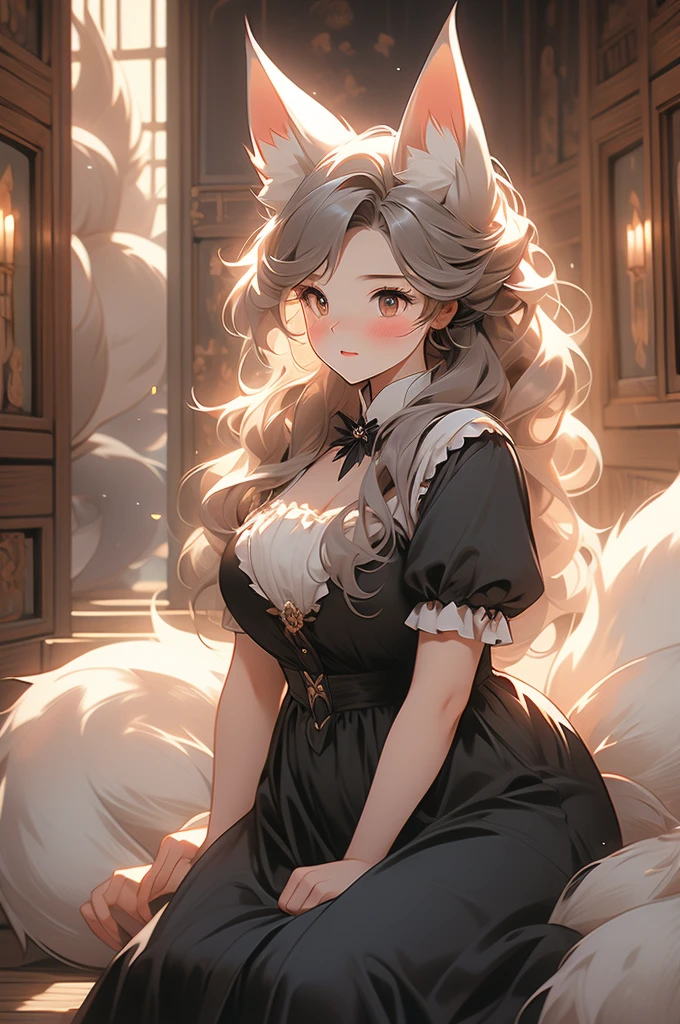 maid, maid uniform, fox ears, fox tail, voluptuous, powerful, plump, black fur, hallway, wooden walls, victorian style, blush, shy