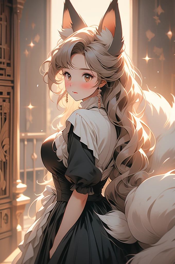 maid, maid uniform, fox ears, fox tail, voluptuous, powerful, plump, black fur, hallway, wooden walls, victorian style, blush, shy