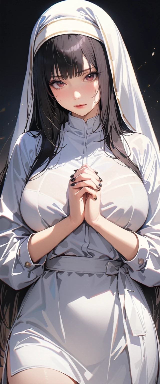 20 years,1 mature woman,hyperrealistic, 8 k, (extremely detailed 8 k), (very gentle and beautiful), (masterpiece), (better quality:1.0), (Ultra high resolution:1.0), (masterpiece, Best quality),Cute,black hair,cowboy shot,White background,realistic skin,hands together, pray,,inexpressive,hime cut,black nail,Very long hair,a nun