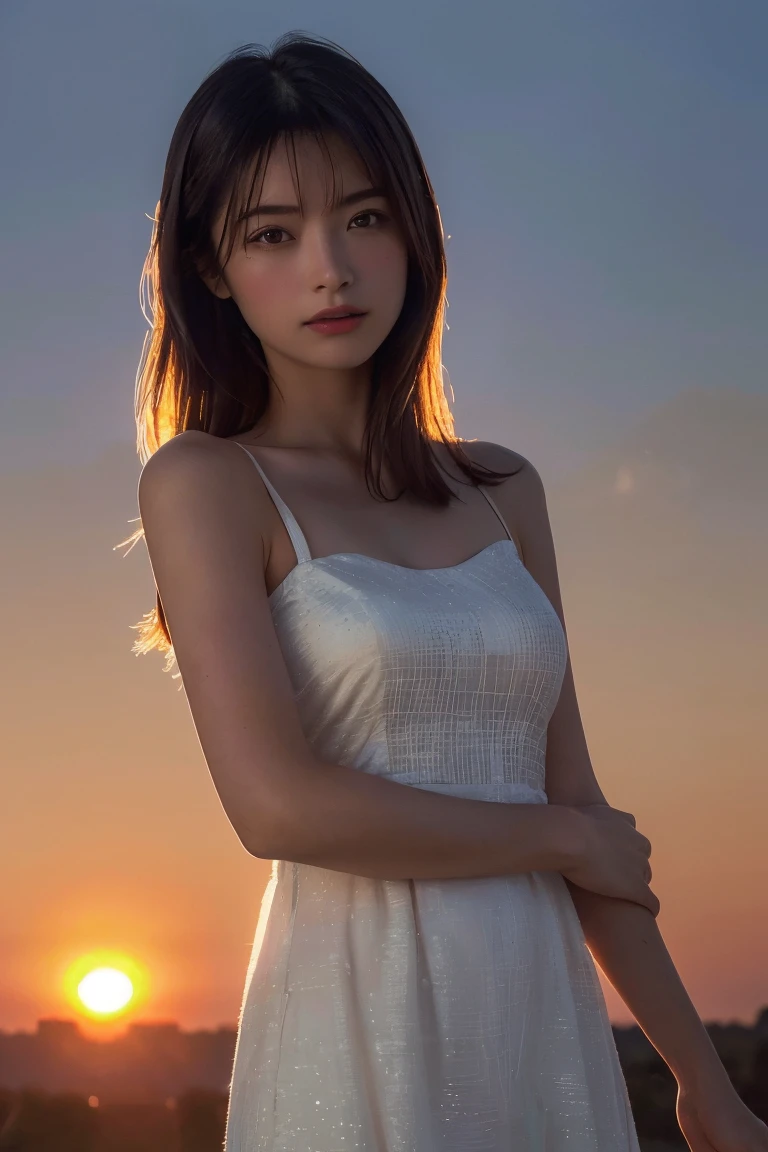 (Highest quality:1.4),(masterpiece:1.4),(Realistic:1.4),(Realistic:1.2),(超High resolution, RAW Photos:1.4),(High resolution, Very detailed:1.2),(8K:1.2),Movie Photos,a photo of a dark-haired,One Girl,alone,wear ,((China dress))、((Upper Body:1.3)),((Sunrise time/Sunrise time/Sunrise time:1.3))