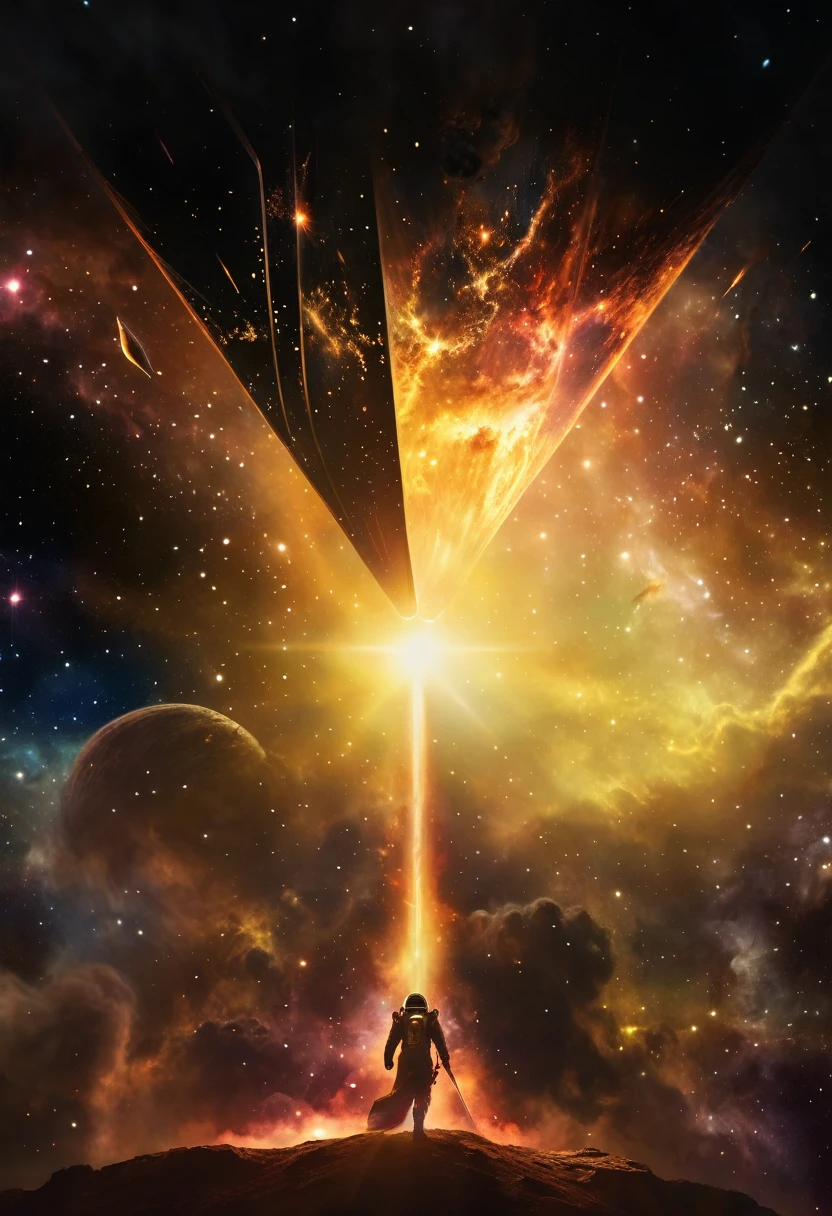 there is a man standing on a hill with a sword in his hand, spaceship in a nebula, a spaceship through the nebula, inspired by Chris Foss, space quantum death. deep space, lens flare. occult photorealism, spaceship exploding, an epic space ship scene, alien space ship flying in space, science fiction digital art, sci-fi digital art illustration