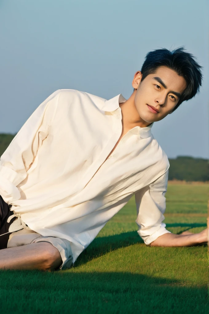 Asian muscular boy sitting on grass, sexy, Dark eyebrows, white shirt, wearing white thong high cut underwaer, white high cut Jockstrap, muscular young male, mid shot portrait, high quality portrait, Attractive pose, cute young man, gorgeous young model, portrait a 25 - year - old boy, casual photography, Realistic. Cheng Yi, cute young man, ((wearing micro string thong))