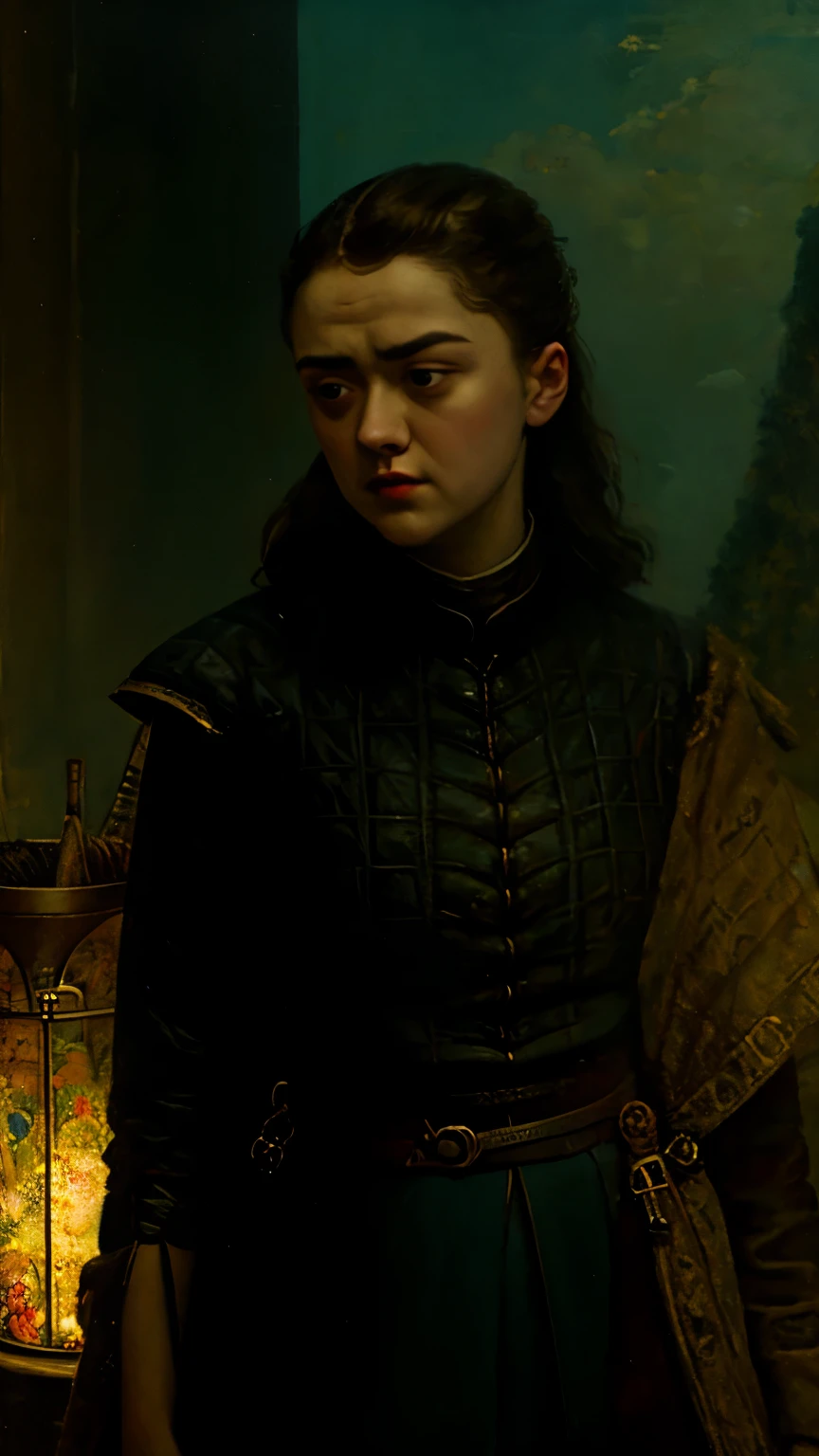 (work of art, best qualityer:1.2), (((oil painting))), 1 girl, standing alone,  (work of art, ultra quality, high resolution, 8K, intricate: 1.2). ((Arya Stark)), gazing at viewer, fluid cloths and silver love, uncanny, Fantasyart, Donato Giancola's, Craig Mullins, domain, legendary masterstrokes