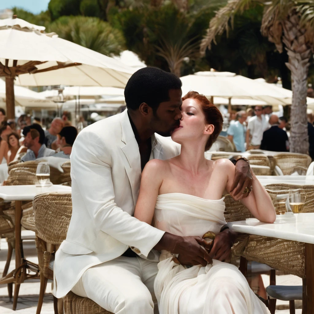 A black man hugs a naked white-skinned bride with brown hair, at a beach wedding ceremony, against the background of a sad groom, full-face