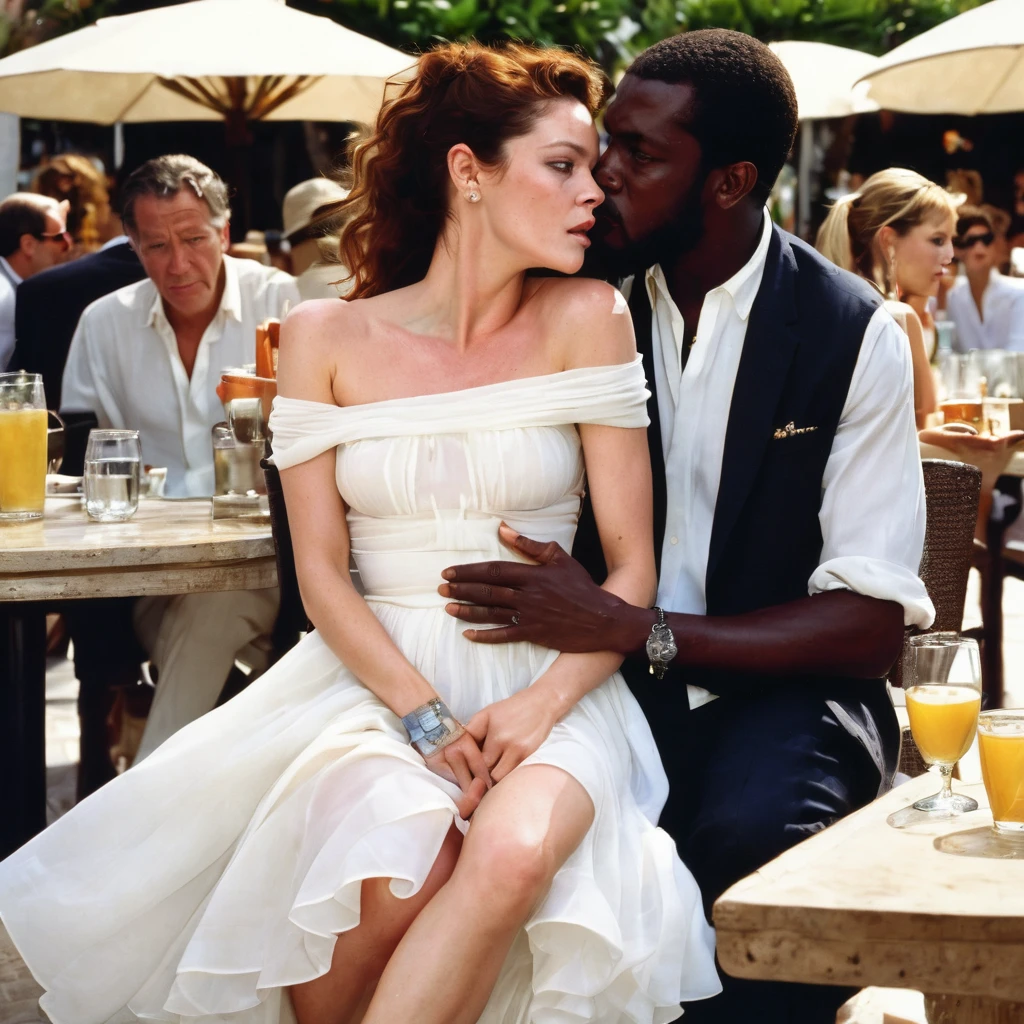 English 22 y.o. Actress Anna Friel, with freckles, bare neck, bare shoulders, white chiffon attire, sitting at an outdoors bistro, in Cannes, leaning down to fix her ankles straps with tilted neck, strong burly dark-skinned African man on her side, she sits on his knees, he kisses her on the lips, she hugs him