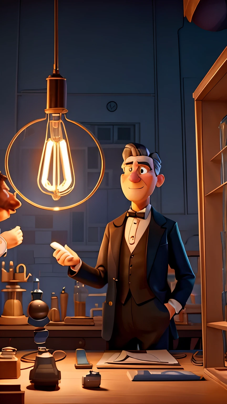 Create an image in Disney Pixar 3D style of Nikola Tesla working with Thomas Edison in a late 19th-century laboratory. Show Tesla and Edison discussing a project, with various electrical equipment and light bulbs around them. Tesla should appear thoughtful and innovative, while Edison looks intrigued. Use vibrant colors and expressive character designs typical of Pixar.