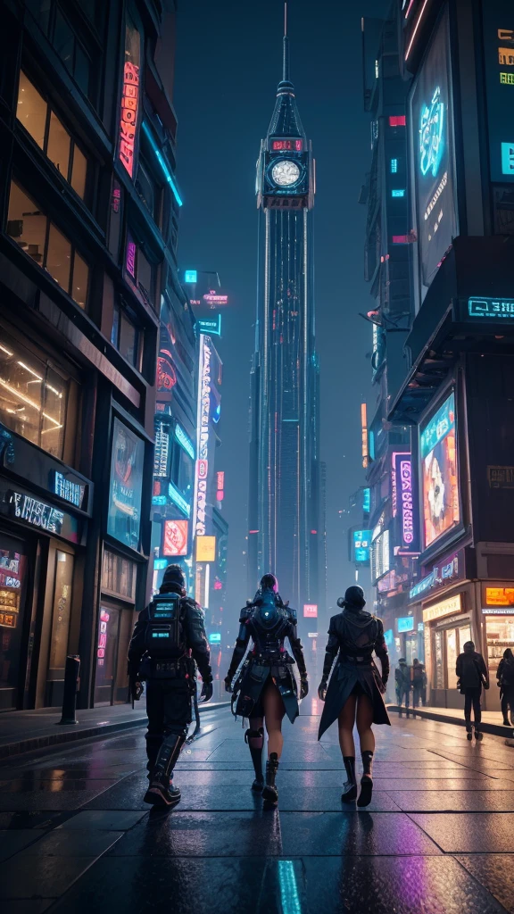 people walking in a city at night with a large clock tower in the background, in a futuristic cyberpunk city, futuristic cyberpunk scenario, arstation and beeple highly, in fantasy sci - fi city, sci-fi cyberpunk city street, busy cyberpunk metropolis, 3 d render beeple, cinematic beeple, cyberpunk city street, in style of beeple
