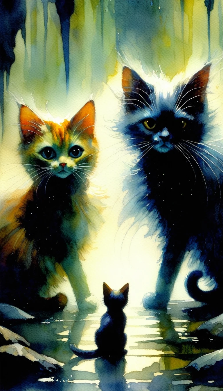 Two women, cool, cute, beautiful, a fun day, an underground expedition, dark and creepy creatures, artistic and memorable masterpieces, story moments, close-ups, fog Watercolor: 1.3, Delicate, Detail, Masterpiece, (cute cats :1.3),(intricate:1.2), high contrast, (art inspired by Bill Sienkiewicz). oil painting)
