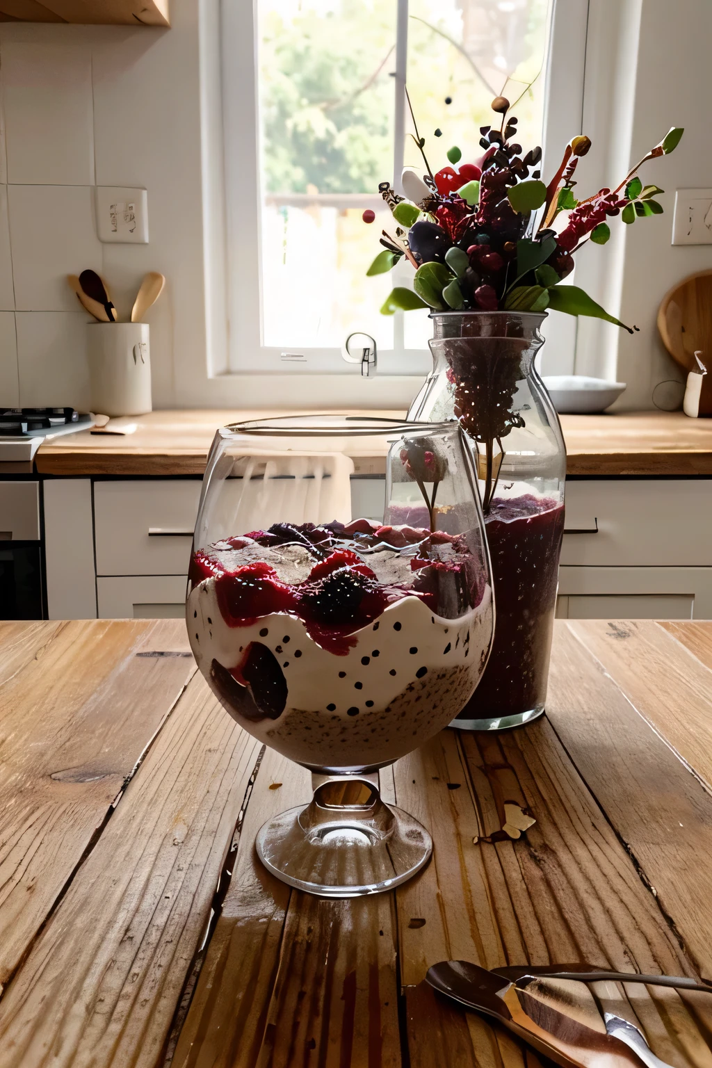 A plate of Berry Chia Pudding with a Nutty Crunch and  almond milk,   chia seeds, mixed berries, Greek yogurt, chopped walnuts and honey for the intermittent fasting diet . Enlarged side view with the background blurred. The dish is on a wooden kitchen table. Real picture.