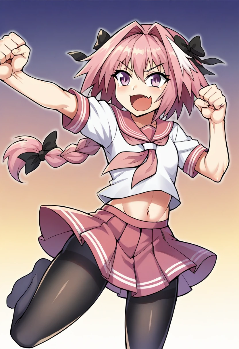 score_9, score_8_up, score_7_up, score_6_up, score_5_up, score_4_up, (((blank_background, white_background))), 1girl, solo, necoarc, lit pupils, cat ears, (pink hair, pink_eyes), chibi, :3, turtleneck, fight_pose, astolfo_costume, purple skirt, pantyhose,NECOARC PINK HAIR,NECOARC BLONDE HAIR