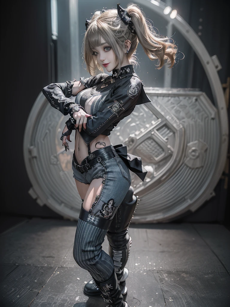 (Full Body View:1.4)、(Side view:1.1)、(Smiling with teeth showing:1.3),(Shibuya Gal:1.5)、(Gothic ta style fashion:1.5)、(Punk RockVisual Kei:1.5)、(Wearing a rhythmic gymnastics bodysuit with intricate details:1.4)、(Racing suit and pants with intricate decorations in white, denim and charcoal:1.5)、(Denim and light blue and white boots:1.3)、((belt))、(Numerous delicate logo marks all over the costume:1.4)、(collar:1.3)、(Striped underwear:1.5)、20-year-old、NSFW、((Highest quality、In 8K、masterpiece:1.3))、Sharp focus:1.2、(Layered Cut、Huge boobs:1.1),Beautiful woman with perfect figure:1.4、(Dancing vigorously:1.3)、Slender Abs:1.2、Highly detailed face and skin texture、Detailed eyes、double eyelid,(Twin tails:1.3)、(Brown-golden hair:1.3)、Gravure idol、(The background is the stage of the fashion show:1.3)、(Slim body:1.3),(Make your legs thinner:1.4),(clavicle:1.1)、(Thin and slim thighs:1.3)