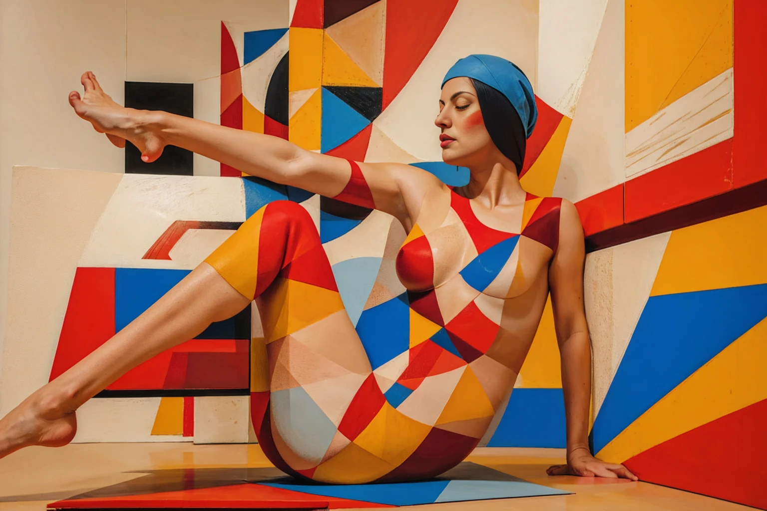 an abstract red and blue woman seated in the floor with the legs open, oil painting, intricate cubism, high details, 