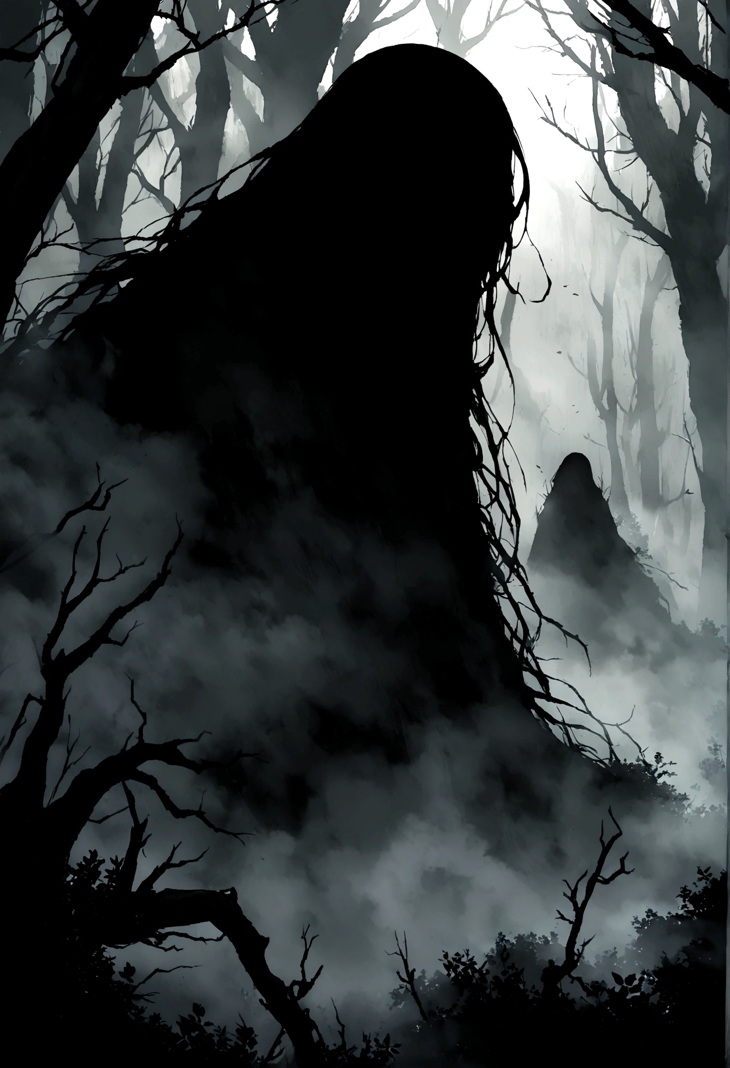 A terrifying silhouette lurking in a misty forest , shrouded in darkness and mysterious mist