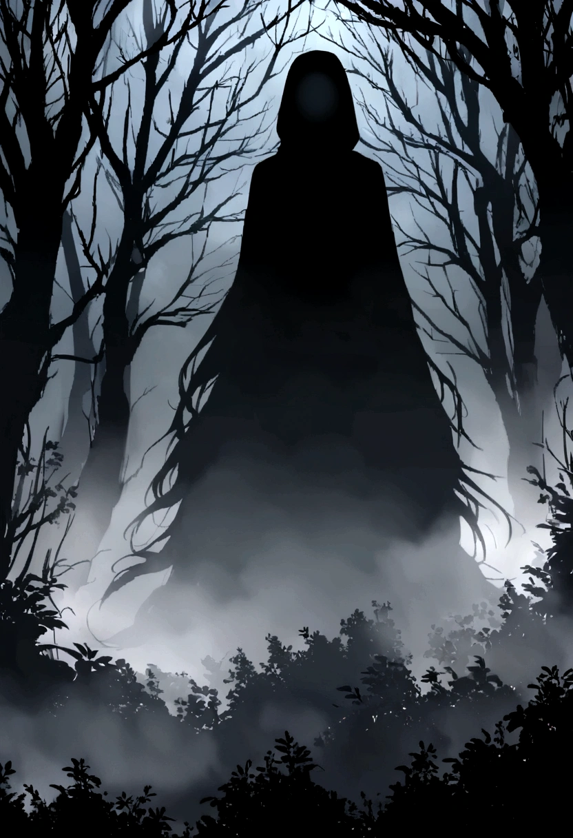 A terrifying silhouette lurking in a misty forest , shrouded in darkness and mysterious mist