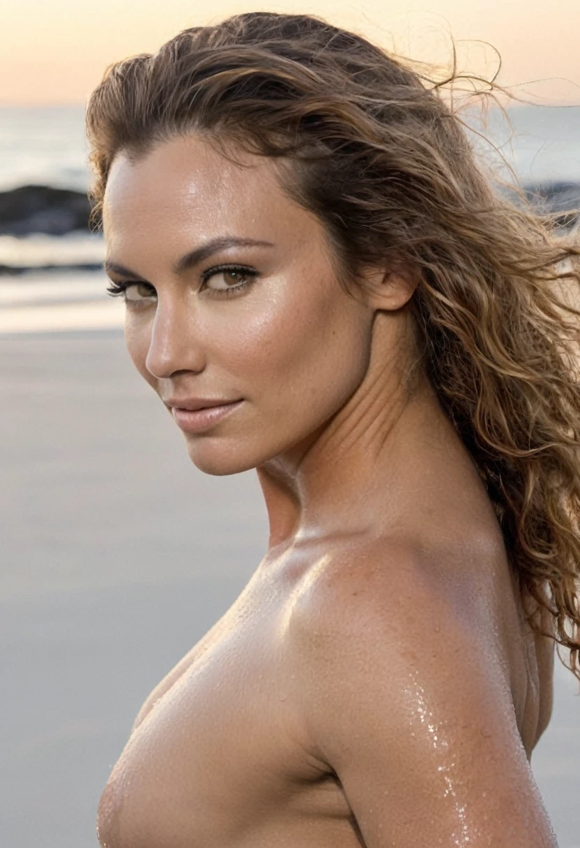 high quality Erotic shot , celebrity erotic photograph , nude, topless, brown, slight curly hair:1.4, extremely long hair , erotic photoshoot , fit muscular figure , exhausted look, wet, shiny sweaty skin, seductive smiling , posing on beach, wet hair, dark atmosphere, erotic lighting , rosy white pale skin tone , erect nipples , celebrity, female, woman, hollywood actress, , erotic angle , fleshy muscular woman , ( natural lights, depth of field, insanely detailed skin texture, hyper detailed features )
