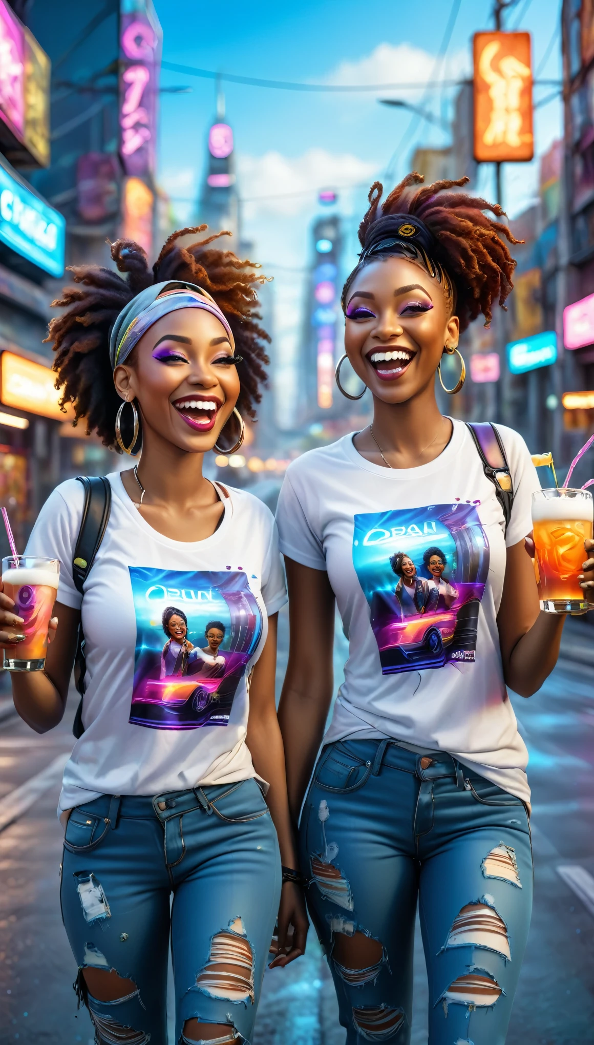 adult BLACK women dressed in urban clothing t-shirts, In an urban landscape and holographic signs, HAPPY on the road. are drinking and laughing, The background is modern and cyberpunk, high tech vibe. Lovely Digital Painting, 3D rendering, Bright lighting, swirly vibrant colors. adult people, BEAUTIFUL black people, different faces.