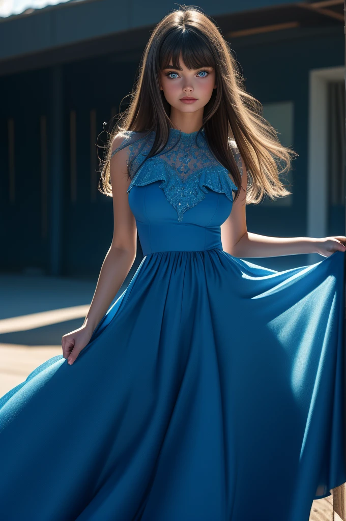 16 year old Paulina Porizkova, ultra-detailed face, ultra detailed blue eyes, (bangs), (dress, long skirt), (((masterpiece)))
