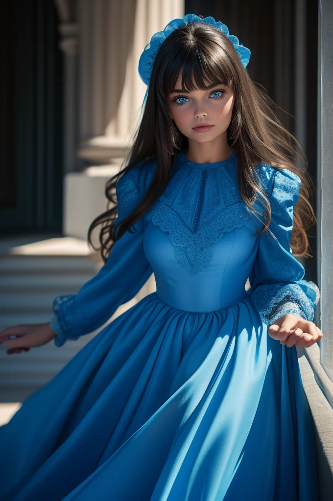  Paulina Porizkova, ultra-detailed face, ultra detailed blue eyes, (bangs), (dress, long skirt), (((masterpiece)))