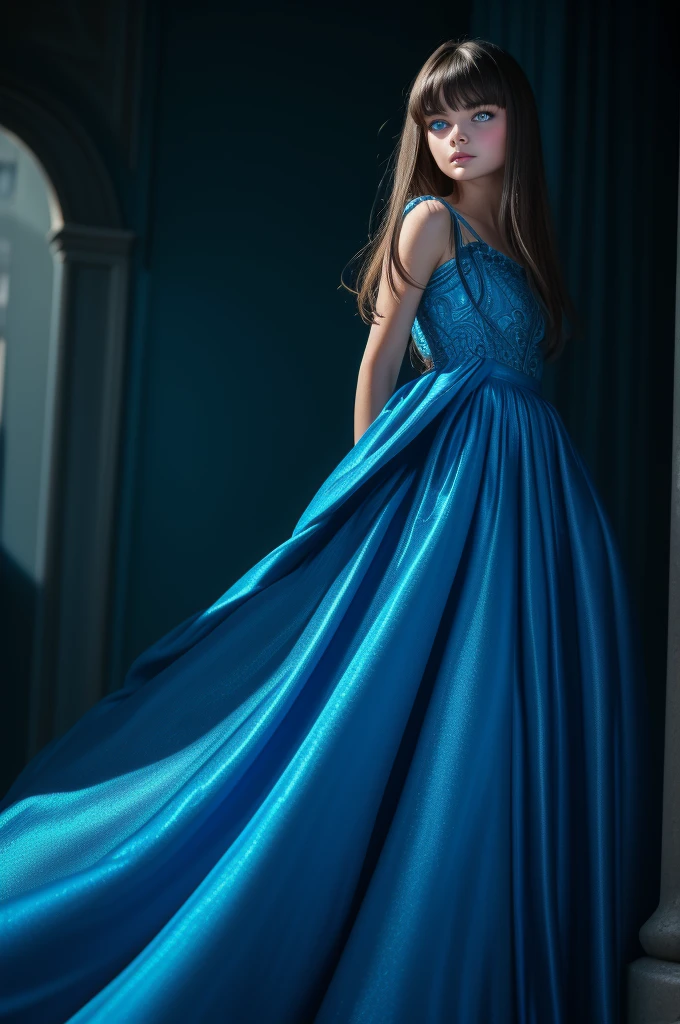 Paulina Porizkova, ultra-detailed face, ultra detailed blue eyes, (bangs), (dress, long skirt), (((masterpiece)))
