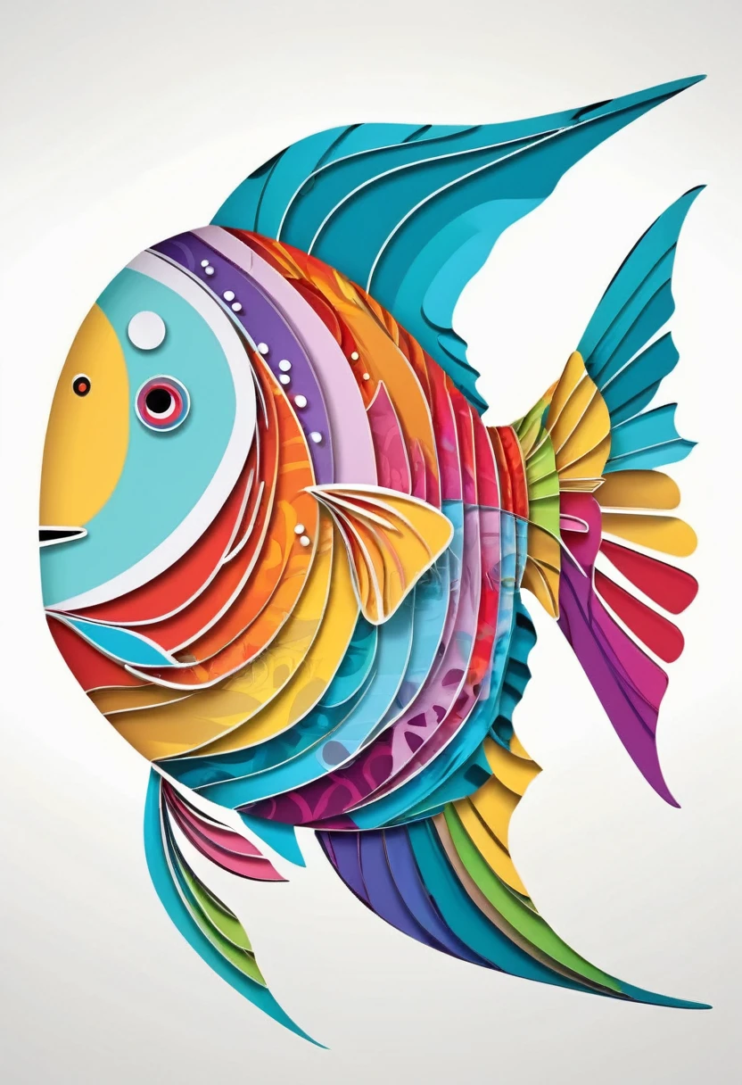 happy multicolored fish, Paper Cutouts and Collages style, outline, vector, white background